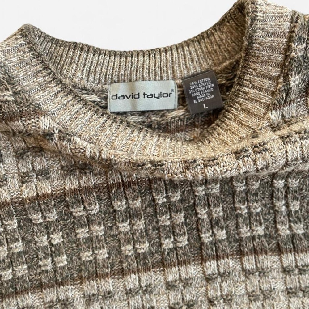 Vintage David Taylor Tan Green Knit Earthy Slouchy Neutral Cozy Crewneck Sweater - Picture 2 of 6